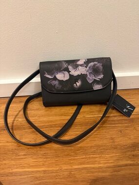 Floral Accent Black Crossbody Bag with Lavender Blooms